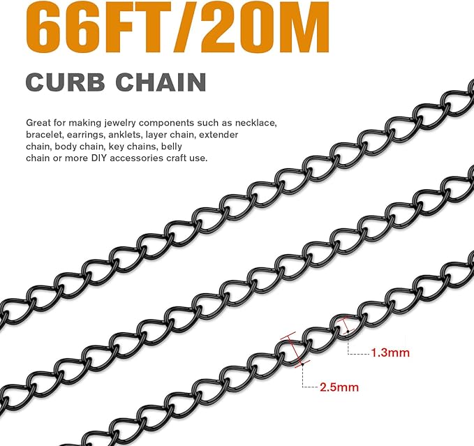 66FT Gunmetal Stainless Steel Curb Chains Roll, 2.5mm 304 Stainless Steel Black Flat Twisted Links Curb Chains Bulk Spool for Jewelry Making DIY Craft