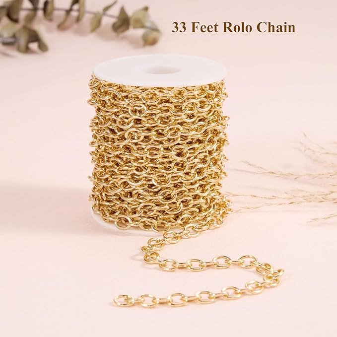 BORUINIE 33 Feet Gold Rolo Chains Aluminum Oval Link Chain Roll Bulk for DIY Jewelry Making