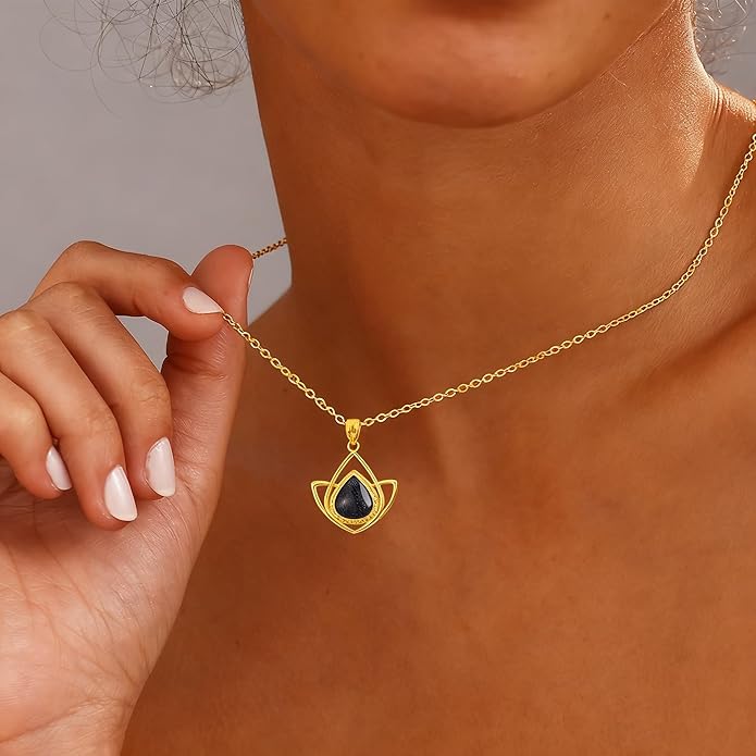 RYNSITO Blue Sandstone Necklace for Women 18+2 Inch Adjustable Chain Elegant Blue Sandstone Pendant Necklace Gift for Her Exquisite Jewelry