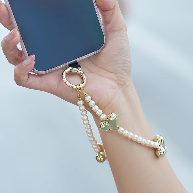 Beaded Phone Wrist Strap for Women Pearl Wristlet Strap Cute Phone Lanyard Golden Heart Shaped Bead Cellphone Chain (Pearl White)