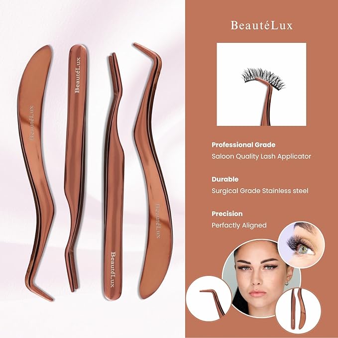 Eyelash Applicator Tweezers 2 PCS Tool for False Eyelash Application & Lash Extensions, Mistake-Proof Lash Placement Tweezers for Professional and DIY Use, with Pink Leather case