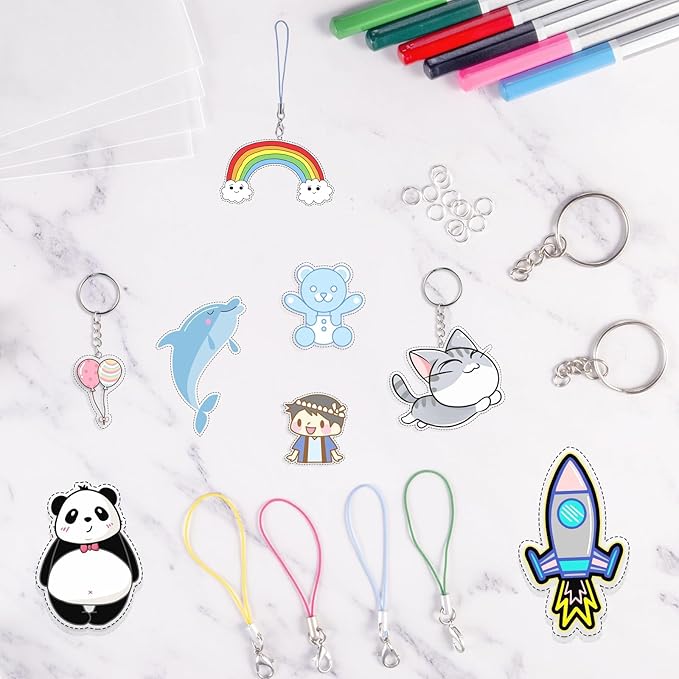 chfine Shrink Plastic Art Keychain kit, 175 Pcs Heat Shrinky Art Crafts Kit Including 20Pcs Shrinky Art Film Papers, 155 Accessories for Adults Creative Craft DIY Activity Ornaments Keychains