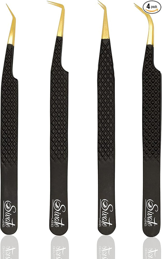 SIVOTE Fiber Tip Lash Tweezers for Eyelash Extensions with Diamond Grip, Black, Set of 4 - Precise Tips Japanese Steel for Classic, Volume & Mega Volume Lashes, Anti-Rust - Ideal for Lash Artists