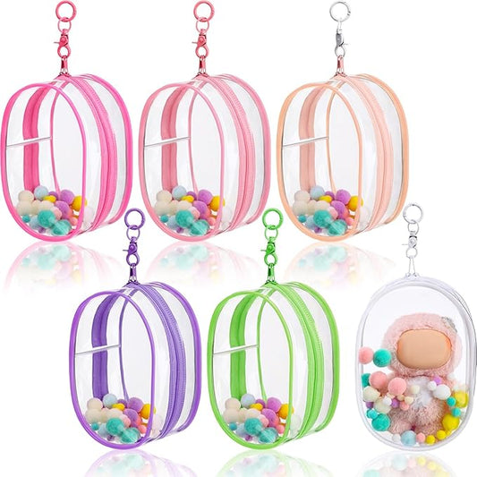 6 Pcs 7 Inch Clear Figure Display Bag with Keychain Large Doll Hanging Blind Box Display Case Clear Keychain Pouch with 2 Pcs Plush Balls for Figures Collectibles, Doll Collector(Mixed Color)