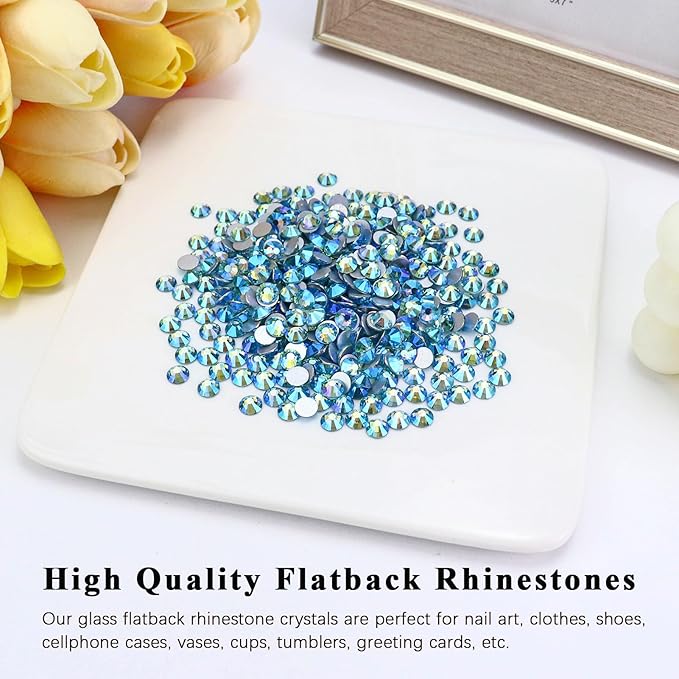 1440PCS SS3 Crystal Glass Flatback Rhinestones, Round Flat Back Crystal Gems for Nail Art and Craft Clothes, Glue Fix Diamond Stones Aquamarine/Lake Blue AB (1.3-1.4mm)