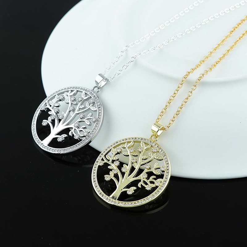 JOR Tree of Life Charm Pendant Necklace, CZ, Men & Women Unisex Jewelry, Dainty Gold & Silver Plated Chain Combo 18 inch (Pack of 2)