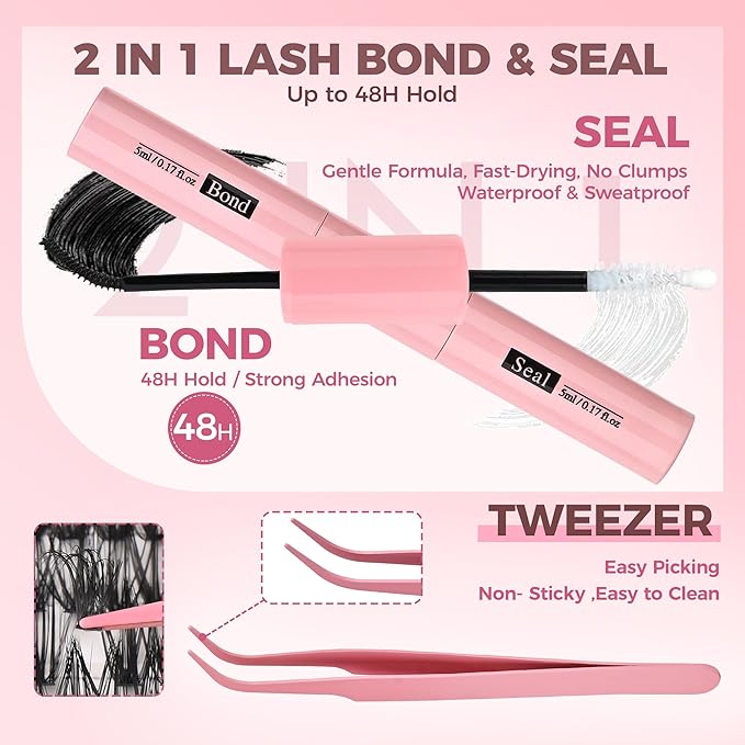 FENG BEAUTY DIY Lash Clusters Kit, 240PCS 30D+40D Mixed Lengths 10–16mm, Natural Wispy Fluffy Look, 2-in-1 Bond&Seal+Precision Tweezer, Lashes Extension Kit (0.07D, 10-16mm, Individual Lashes Kit)
