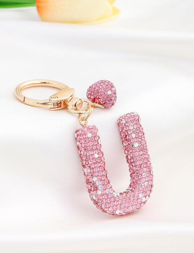 Initial Keychain for Women Girls,Bling Letter Key chain Initial with Heart,Pink Keychain Charms for Backpack Handbag