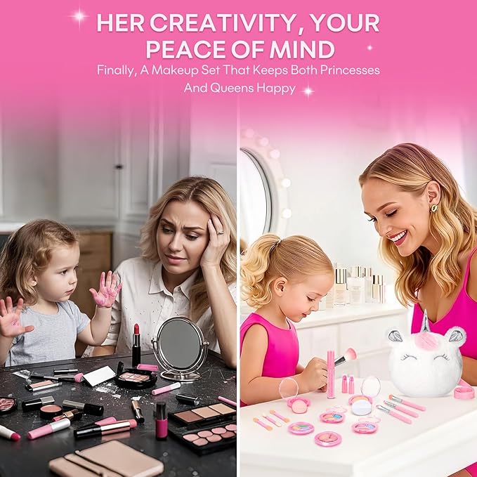 Kids Real Makeup Kit for Girls 3-10 Years Old : Washable Non Toxic Make Up Toys Sets for Toddler - 17Pcs Vanity Set with Unicorn Purse for Little Girl Ages 3 4 5 6 7 8 Birthday Gifts -White
