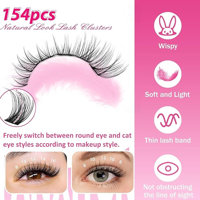 DIY Lash Extension Kit Natural Look Wispy Lash Clusters D Curl 154 Pcs Lashes Clusters with Lash Brush 8-16 mm Eyelash Extension Kit Individual Lashes Lash Cluster Kit For Beginners (No Glue)