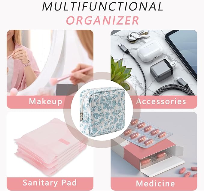Cute Small Corduroy Zipper Makeup Bag, Mini Coquette Aesthetic Pouch with Flower Pattern for for Purse,Key Pocket Lipstick Bag Card Holder Data Cable Organizer for Women Girls (07Lightblue Flower)