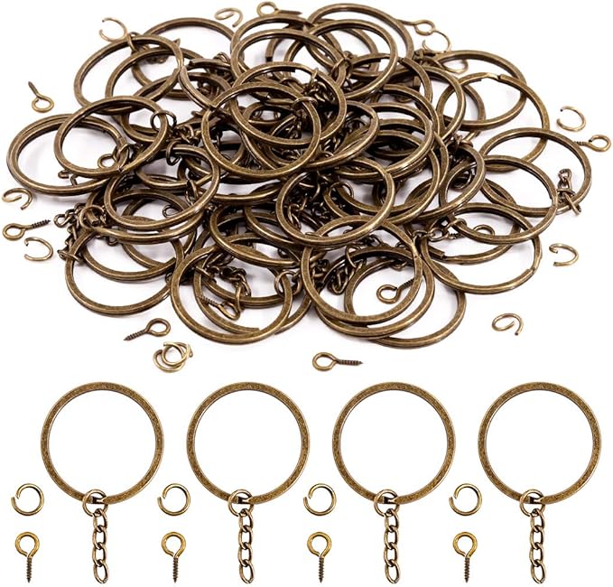 Swpeet 300Pcs 7/5 Inch 35mm Bronze Flat Key Chain Rings Kit, Including 100Pcs Split Keychain Rings with Chain and 100Pcs Jump Ring with 100Pcs Screw Eye Pins Bulk for Jewelry Findings Making
