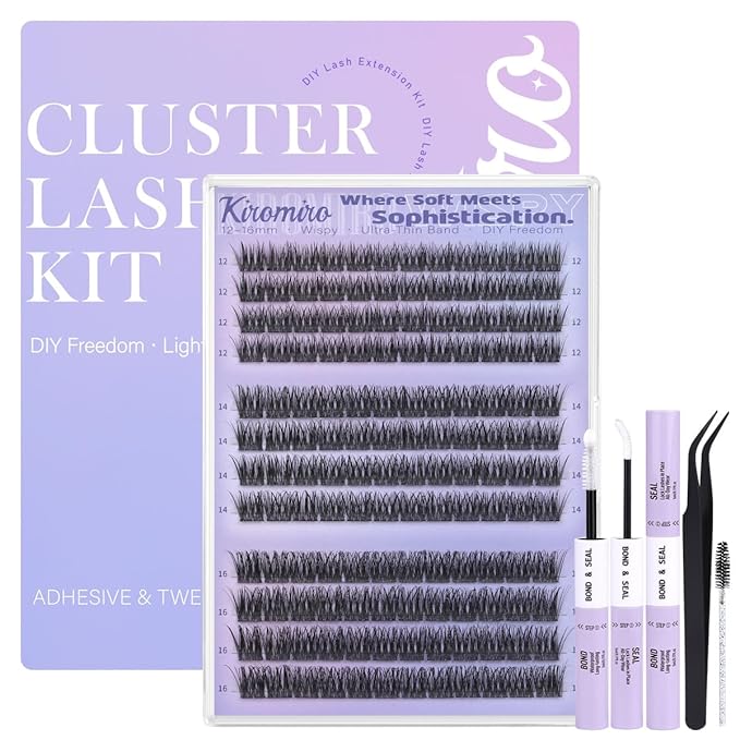 Kiromiro Natural Lash Clusters Kit 12-16mm Cluster Eyelash Extensions C Curl Individual Lash Clusters Kit 144pcs DIY Wispy Eyelash Clusters with Bond and Seal & Tweezers