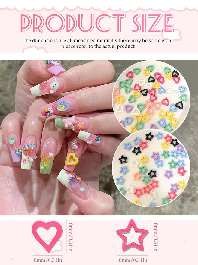 160Pcs Kawaii Nail Charms, CYHYII 3D Heart Stars Colorful Resin Nail Art Charm Acrylic Cute Love Nail Gems for Women Girls Nail Decorations DIY Manicure Craft Jewelry