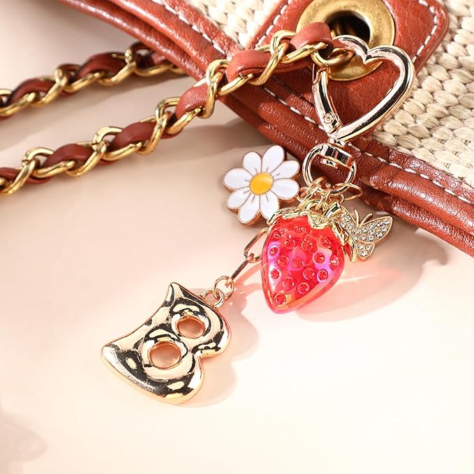 Strawberry Initial Keychain for Women-Cute Kawaii Gold Alphabet Bag Charms, Key chain Gift for Purse Handbag