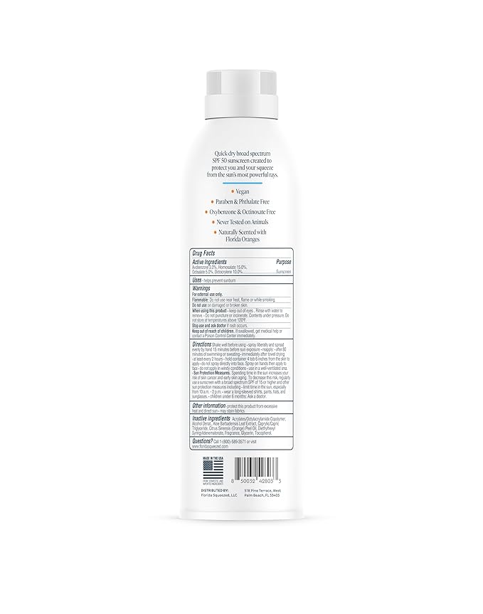 Florida Squeezed SPF 50 Sunscreen Water Resistant Spray|6oz|Vegan and Hawaii 104 Reef Act Compliant (Octinoxate & Oxybenzone Free) Broad Spectrum Moisturizing Sunscreen. Paraben & Phthalate Free.