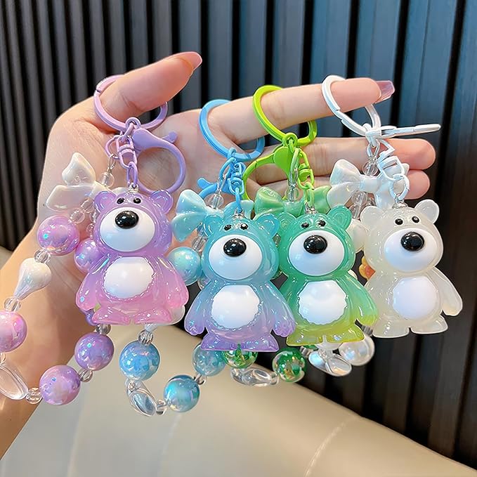 Bear Keychain For Women, Acrylic Bow Heart Flower Beaded Wristlet Gradient Color Colorful Gift Accessories