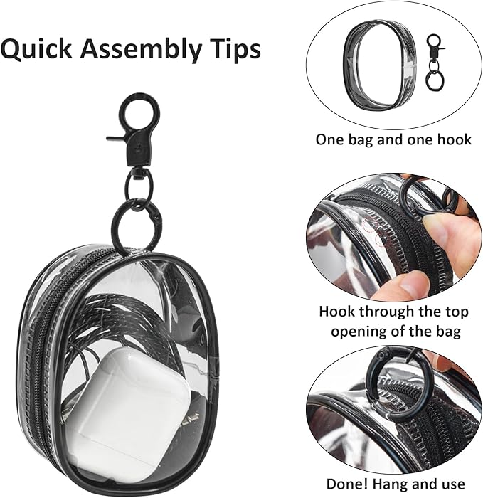 Enkrio 2PCS Mini Clear Makeup Bag Keychain Pouch with Zipper Clear Figure Display Bag Coin Purse Card Holder Data Cable Organizer (Black)