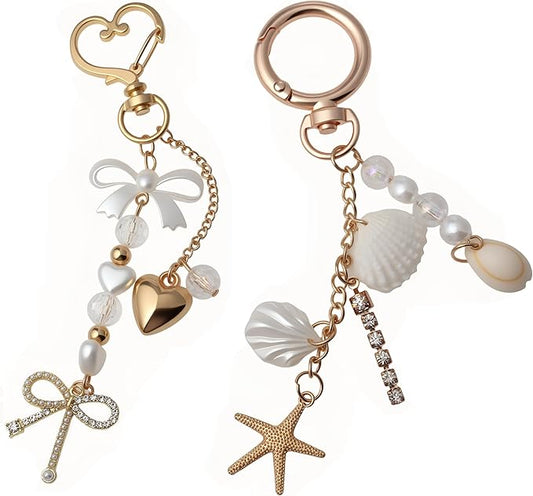 Pearl Beaded Keychain Charms, Cute Purse Charms for Handbags, Gold Starfish Keyring for Women, Heart Star Moon Shell