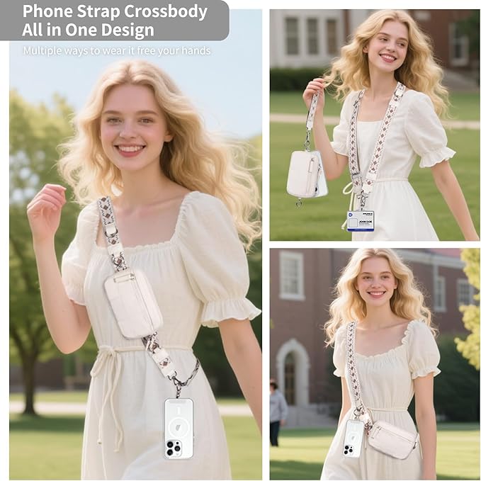 Clip and Go Strap for Phone with Wallet Crossbody Phone Lanyard with Anti-Theft Zipper Pouch Detachable Quilted Wrist Wallet with RFID and ID Window for Daily Travel.