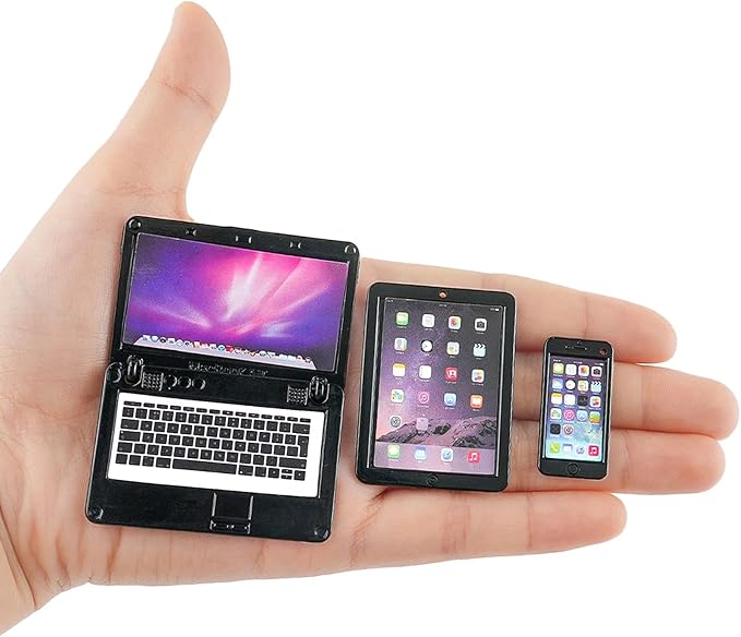 3-Piece Dollhouse Miniature Black Office Set with Metal Laptop Tablet and Smartphone for 1/6 1/12 Scale Tiny Doll House Furniture Toy Accessories Mini Party Decor DIY Project