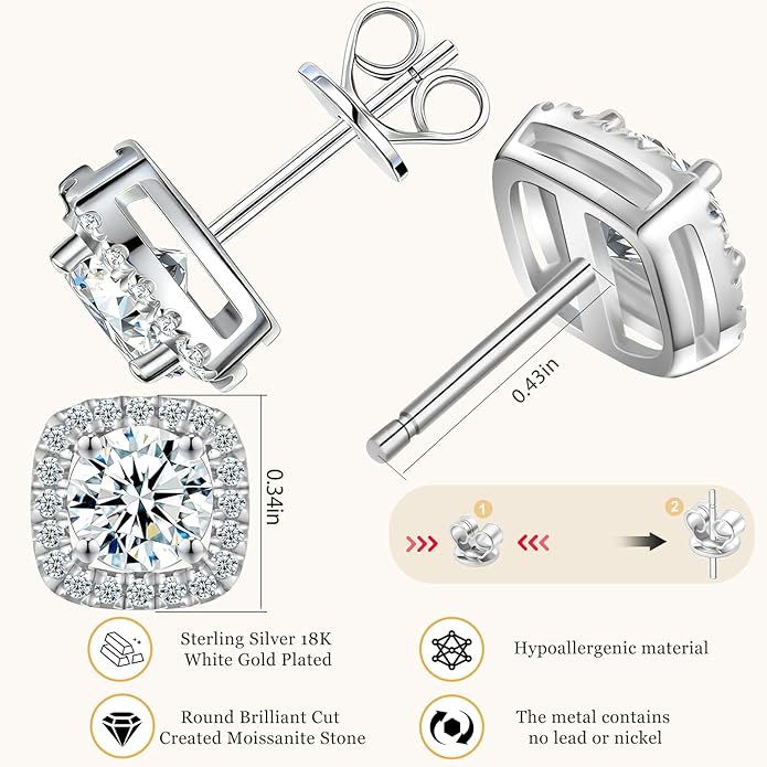 Tunzug Moissanite Halo Square Earrings Flat back 0.5-3 Carat D Color VVS1 Grade Lab Grown Diamonds 925 Sterling Silver Plated 18K White Gold Flat Back Hypoallergenic Earrings for Women Men