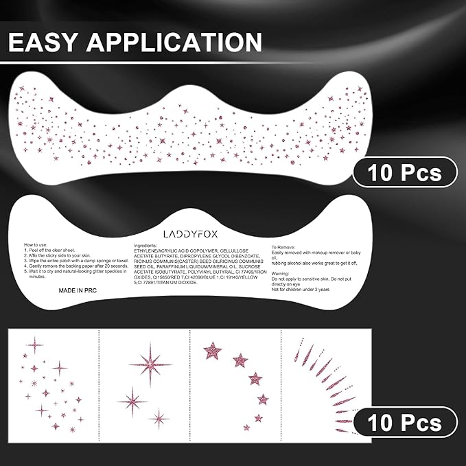 20 Pcs Rose Gold Makeup Patches, Glitter Freckles Face Tattoo, Easy Application and Remove Sparkle Makeup Patches, Waterproof Face Glitter Temporary Tattoos for Women