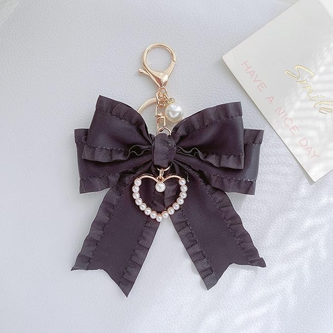 Ribbon Bowknot Bag Charms, Cute Pearl Heart Keyring Holder Purse Hanging Decorations Bag Handbag Pendant