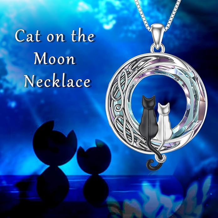TOUPOP Cat Gifts for Cat Lovers One Two Three Four Cats Necklace Sterling Silver Cats on the Moon Pendant Necklace with Blue Circle Crystal Birthday Christmas Celtic Jewelry Gifts for Women