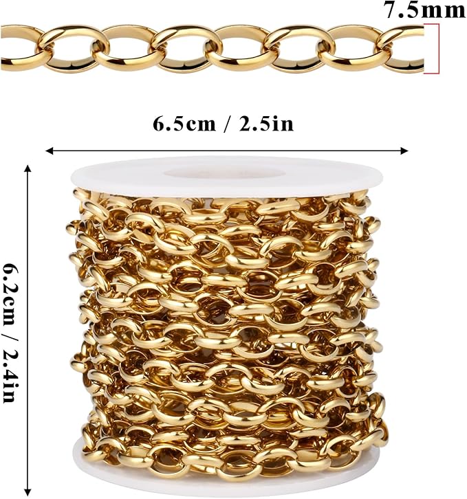 16.5FT Gold Oval Rolo Chains Roll, 7.5mm Width 18K Gold PVD Plated 304 Stainless Steel Oval Cable Link Chain Bulk Spool for Jewelry Making DIY Craft