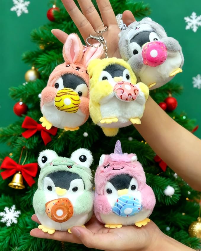 Penguin Plush Keychain Cute Stuff Cosplay Costume Change Clothing Donut Frog Unicorn Shiba Inu Bunny Tiger keyring