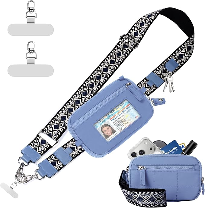 Clip and Go Strap for Phone with Wallet Crossbody Phone Lanyard with Anti-Theft Zipper Pouch Detachable Quilted Wrist Wallet with RFID and ID Window for Daily Travel. Blue