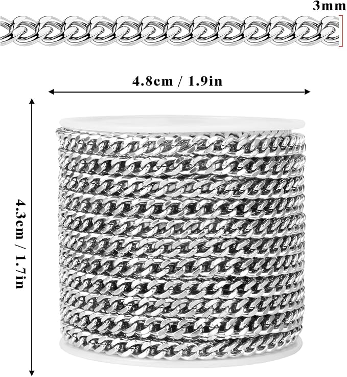 33FT Stainless Steel Cuban Chain Roll 3MM Diamond-Cut Curb Link Chains Spool Bulk for Jewelry Making