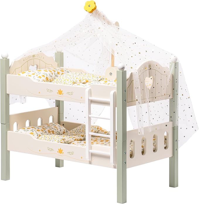 ROBOTIME Baby Doll Bunk Bed, Wooden Doll Crib for 18 Inch Dolls, American Girl Doll Furniture Toy with Bedding (Green, 2 Pcs Beds)