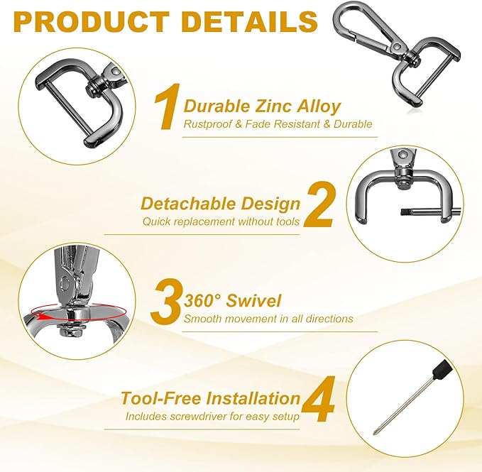 YELARXI Swivel Clasps Hook, 1 Inch ID Detachable Snap Hook W/Screw Bar D Ring Claw Clasp with Screwdriver Fit for Lanyard Bag Leather Craft Purse Hardware DIY Bag (4 Pack, Black)