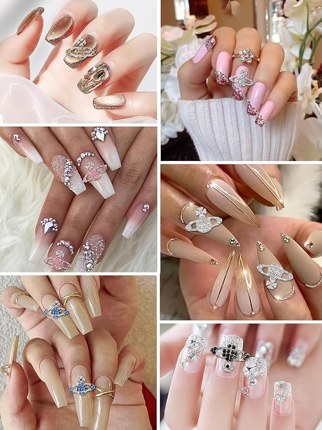24Pcs Planet Nail Charms, CYHYII 3D Y2K Saturn Nail Art Charms Exquisite Rhinestones Gems Diamond Nail Accessories for Women Girls Nail Art Design DIY Craft Crystals Jewelry(6 Colors)