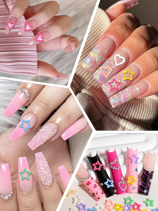 160Pcs Kawaii Nail Charms, CYHYII 3D Heart Stars Colorful Resin Nail Art Charm Acrylic Cute Love Nail Gems for Women Girls Nail Decorations DIY Manicure Craft Jewelry