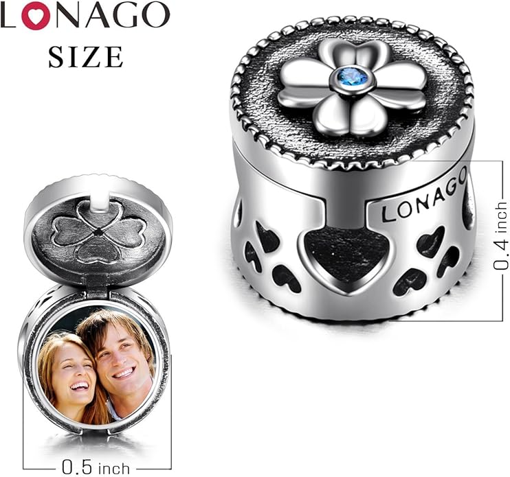 LONAGO 925 Sterling Silver Personalized Photo Charm Fit Compatible for Bracelet Necklace Customized Heart Round Shape Picture Bead