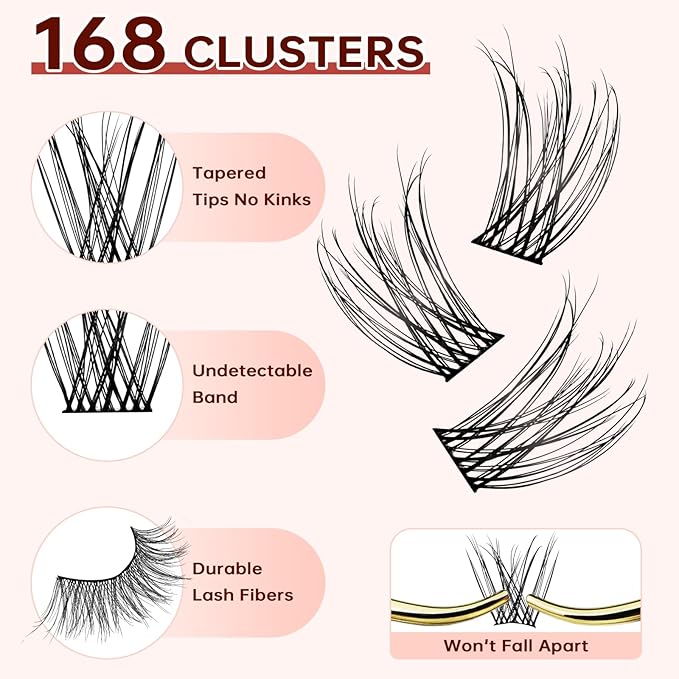 JOLIETIFY Lash Extension Kit, Natural Style, Lightweight Faux Mink 8–14mm Clusters with More Short Clusters, Delicate Wispy Look, Individual Lashes with Waterproof Bond & Seal, Tweezers & Remover