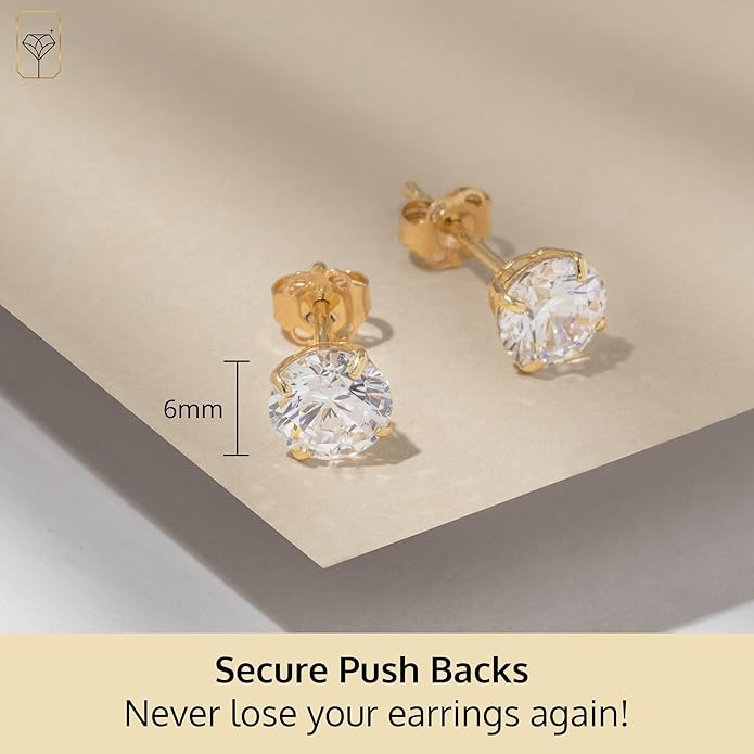 14k Gold Solitaire Round Cubic Zirconia Earrings Studs for Women & Men | Anti Tarnishing CZ Stud Earrings with 14k Gold Butterfly Pushbacks | 4MM-7.5MM by MAX + STONE