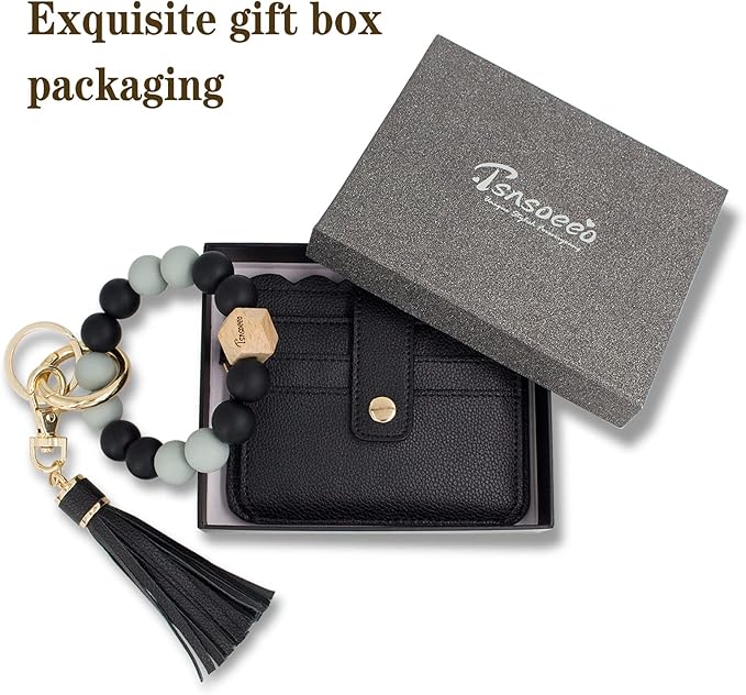 Keychain Wallet Wristlet Small Credit Card Holder Bracelet Key Chain Purse Bangle Tassel Beads Key Rings for Women