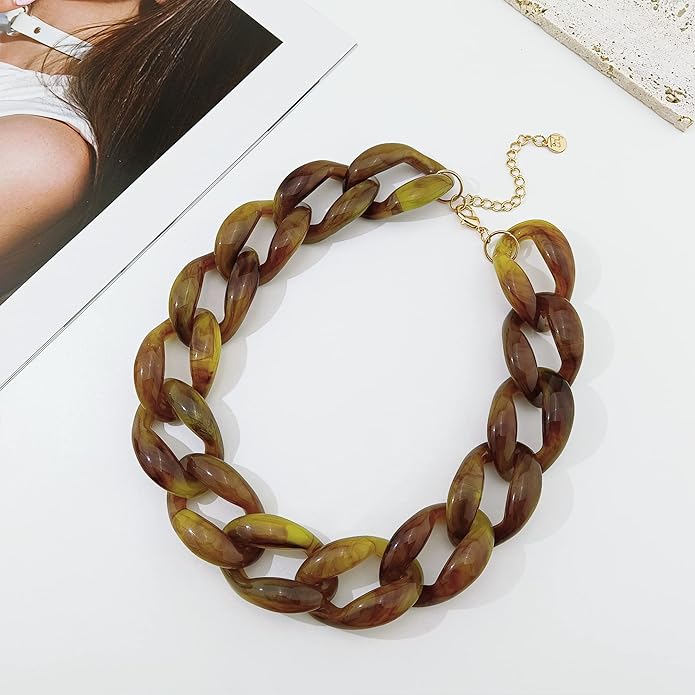 Firstmeet Chunky Acrylic Necklace Smooth Chain Link Cool Statement Choker Cuban Style Jewelry Gift for Women