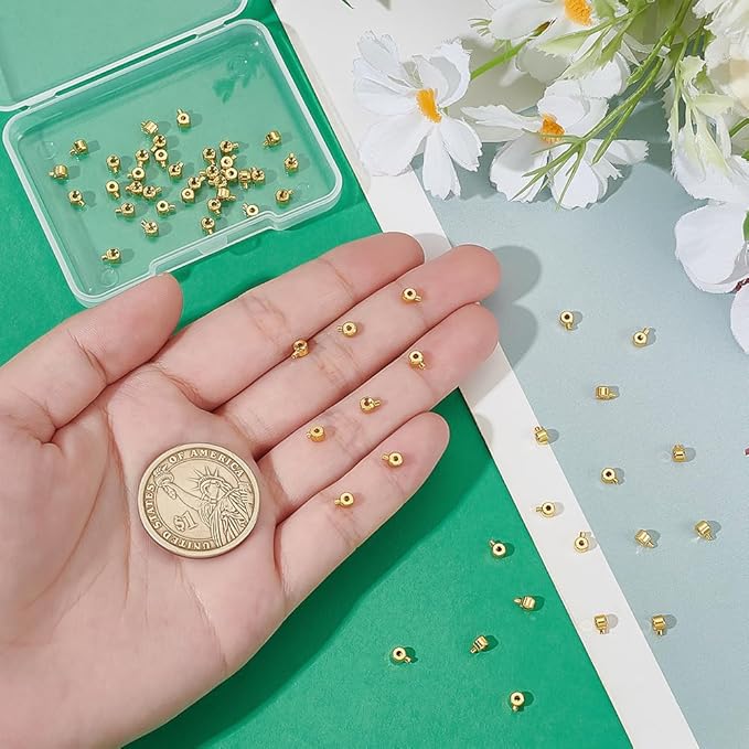 PH PandaHall 60pcs 18K Gold Plated Crimp Beads, Brass Stopper Beads Gold Metal Crimp Bead Charms Column Positioning Spacer Bead for Necklaces Bracelets Jewelry Making Accessory Ends, 4x3mm