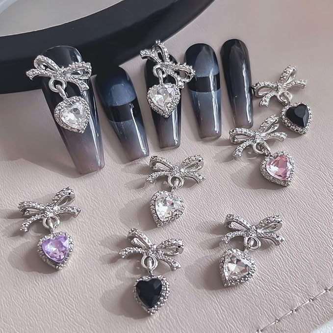12Pcs Rhinestones Heart Pendant Bow Nail Charms Y2K Alloy Silver Buttefly Tassels Crystals Butterfly Charms for Nails Design Luxury Bows for Nails Charms 3D Butterflies Nail Charm Nail Art Supplies