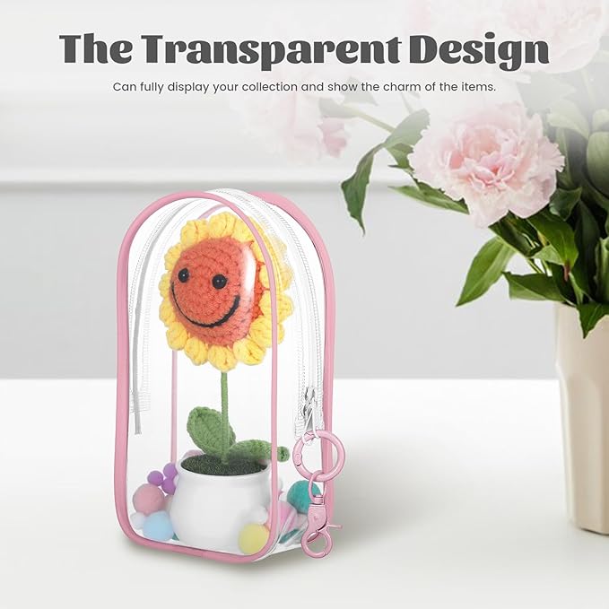 Pink Keychain Pouch, Keychain Figure Display Case for 17cm Doll, Waterproof Hanging Figure Display Bag with Keychains, Mini Small Clear Makeup Zipper Pouches Bag for Dolls Collection
