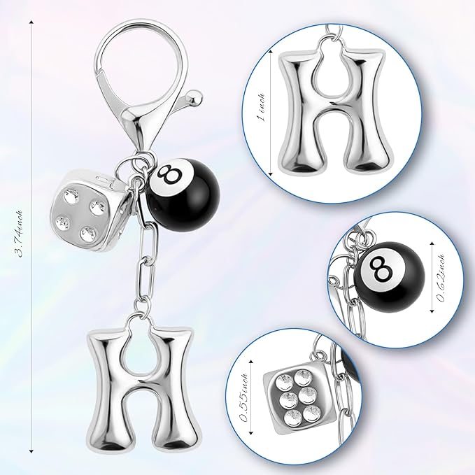 8 Ball Dice Keychain with Silver Bubble Initial - Y2K Aesthetic Cute Bag Purse Charms for Women