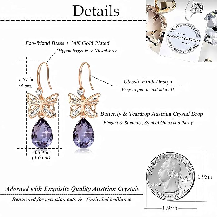 Austrian Crystal Teardrop Butterfly Drop Dangle Earrings for Women 14K Rose Gold Plated Hypoallergenic Jewelry