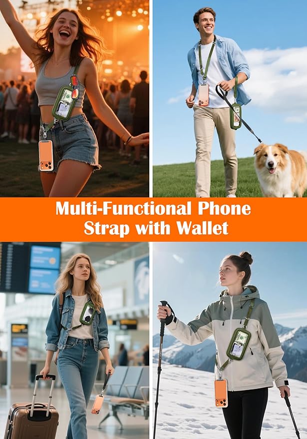 takyu Clip and Go Strap for Phone with Wallet Crossbody, 4-in-1 Hands-Free Phone Lanyard with Detachable Wallet Wrist Strap, Convertible Crossbody Bags with ID Window for Women Travel, Forest Green