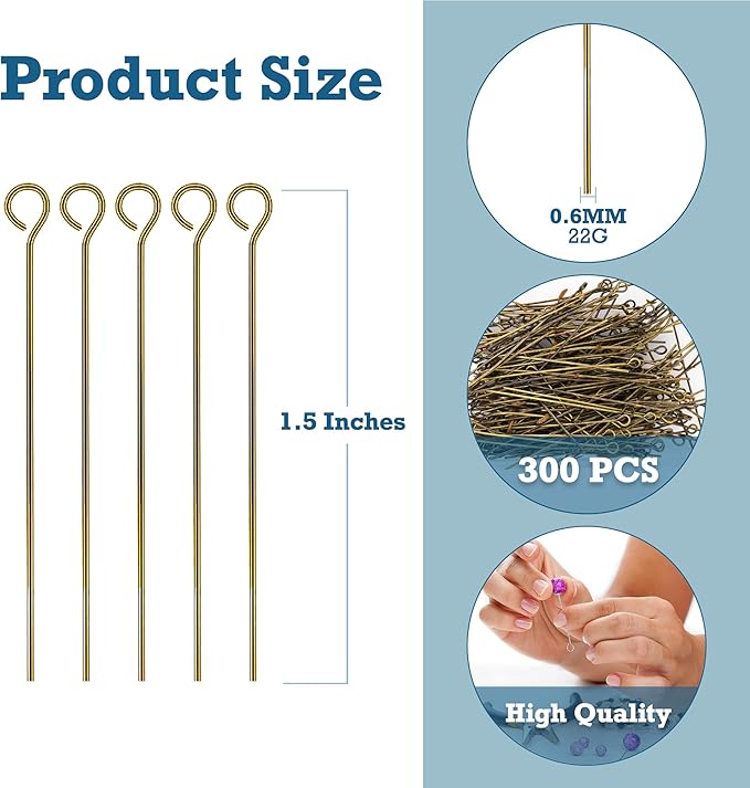 Mandala Crafts 300 1.5 Inch Antique Brass Eye Pins for Jewelry Making Earring Making Supplies Jewelry Findings Open Eye Head Pins for Earrings DIY Bracelets Rosary Charms