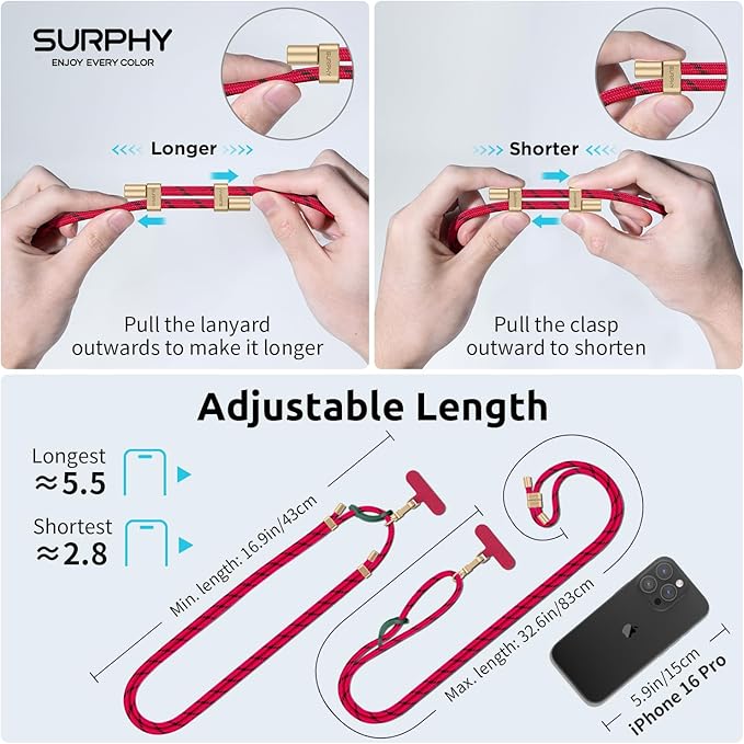 SURPHY Phone Lanyard Crossbody, Adjustable Cell Phone Lanyard with 2 Pack Phone Tether Tab, Two-Color Braided Phone Strap (Christmas Red)